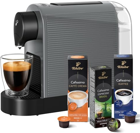 Tchibo Cafissimo „Pure plus“ Kaffeemaschine Kapselmaschine inkl. 30 Kapseln für Caffè Crema, Espresso und Kaffee | 0,8l | 1250 Watt | 11,9 x 33,7 x 24 cm | Grey