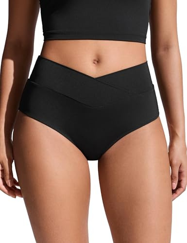 CRZ YOGA High Waisted V Cut Bikini Bottom for Women - Cross Front Bathing Swimsuit Full Coverage Swim Briefs Black Small