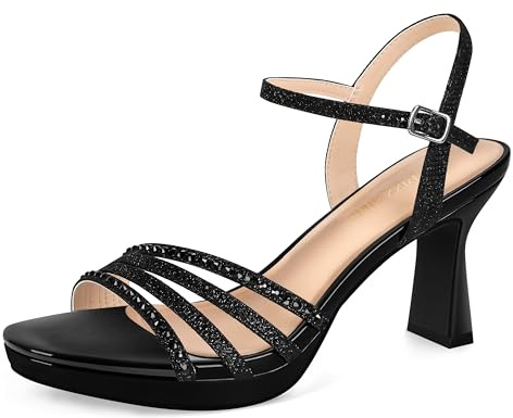 PIZZ ANNU Lena Sandalias Plataforma Mujer Verano Comodas con Hebilla Ajustable, Zapatos Fiesta Tacones Boda de Vestir Tiras Moda, Punta Abierta con Brillantes