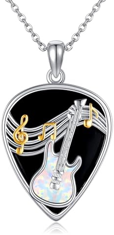 DAYLINLOVE Gitarre Pick Halskette 925 Sterling Silber Schwarz Turmalin Gitarre Plektrum mit Musik Note Anhänger Halsketten Gitarrist Schmuck Geschenke für Frauen Männer