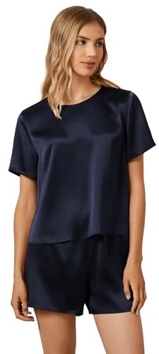 Mommesilk Seidenpyjama für Damen Pullover-Oberteil und Shorts 2-teiliges Seiden-Pj-Set waschbare Seiden-Nachtwäsche Loungewear Blau Größe L