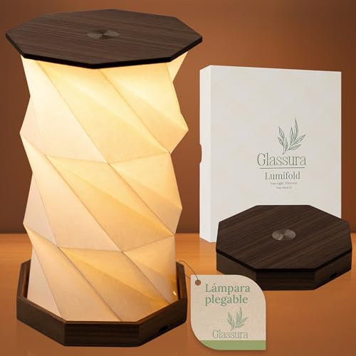 Glassura Lámpara LED sin cable Plegable y portátil, luz cálida regulable, recargable USB-C, diseño origami de madera, ideal para mesita de noche, terraza, camping o regalo original