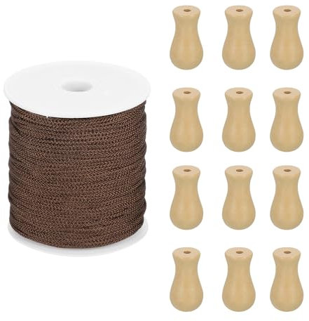 QUARKZMAN Cordino Intrecciato per Tende, 1.8 mm 110 Iarde/Rotolo Cordino in Nylon con 20Pcs Pomelli in Legno per Riparazione Tende Romanelle Fai da Te Artigianato (Legno)