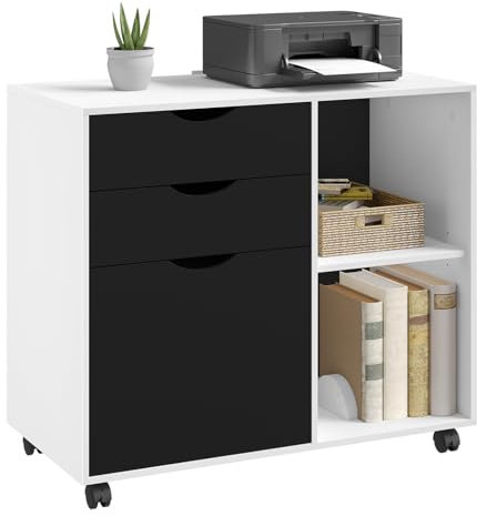 WOLTU Rollcontainer, mobiler Aktenschrank mit 5 Rollen, mit 3 Schubladen, mit verstellbarem Hängeregistratur & Einlegeboden, für Büro Zuhause, 80x69,5x39,5 cm, Weiß+Schwarz