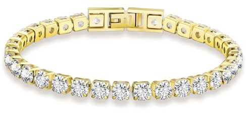 KRKC Damen Armband, 2/3/4/5mm Edelstahl Tennis Armband, Länge 16,5-19cm | 5A Zirkonia, 14K Gold Vergoldet, Nickel-frei Rostfrei Armkette Schmuck Geschenk für Frauen Geburtstag Muttertag