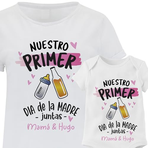 Evyre Regalo Camiseta día de la Madre Personalizada Nombre Primer Conjunto Familia Mama mamá Hijo Pack Original Divertido Bebe Body Infantil brindis Mother Amor Brindis Cerveza