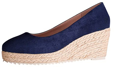 Espadrillas da donna con zeppa, punta chiusa, eleganti sandali con zeppa e plateau, slip-on con punta appuntita, décolleté, comodi sandali con tacco a blocco, scarpe da passeggio, Blu, 38.5 EU