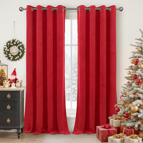 YoungsTex Red Velvet Curtains for Living Room, Blackout Drapes 84 Inch Long