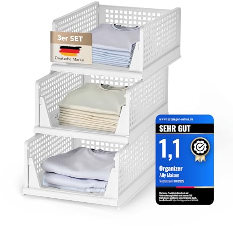Ally Maison® Schrank Organizer 3er Set (Faltbar & Stapelbar) – Kleiderschrank Organizer Boxen, platzsparende Aufbewahrungsbox aus Kunststoff – für Schrank, Bad, Küche & Büro geeignet – weiss