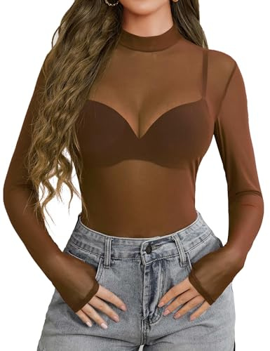 Avidlove Dam nättoppar sexig genomsyn blus långärmad topp halv polotröja skjorta elegant t-shirt festival outfit rave klubbkläder, BRUN, L