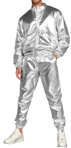 Generisch Herren Metallic Nachtclub Reißverschluss Baseball Bomber Jacke Metallic Anzug Herren Glänzend Trainingsanzug Langarm Stehkragen Bomberjacke und Hose Mode