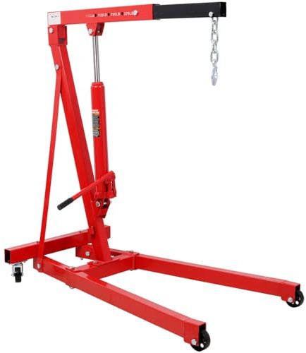 YATON 1500 lb Folding Hydraulic Engine Crane, Heavy Duty Steel Engine Hoist with 4 Boom Positions, 360° Swivel Wheels & Long Ram Jack, Red Cherry Picker for Garage & Workshop