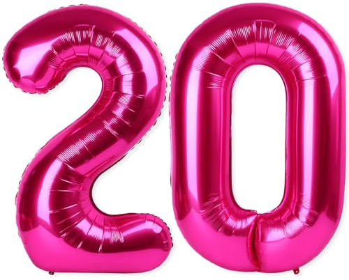 20 palloncini giganti a elio con numero 20, 101 cm, colore fucsia, decorazioni per 20° compleanno, anniversari, eventi, feste, decorazioni (rosa acceso)