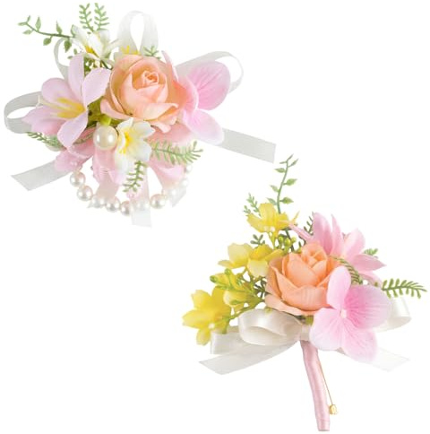 Ceriselle Boutonniere, Ansteckblume & Hochzeitsanstecker Set, Weiße Rose Corsage für Damen und Herren, Blumenarmband und Anstecker für Hochzeit und Prom, Dekorationen für Hochzeitsanzüge