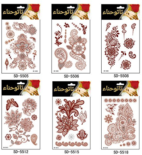 AHIER Temporary Tattoos for Women, 6 Sheets Henna Stickers, Waterproof Red Henna Tattoo Stickers for Women