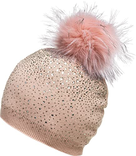 Caspar MU188 Damen Fein Strick Glitzer Strass Winter Mütze mit Fellbommel, Farbe:rosa, Größe:One Size