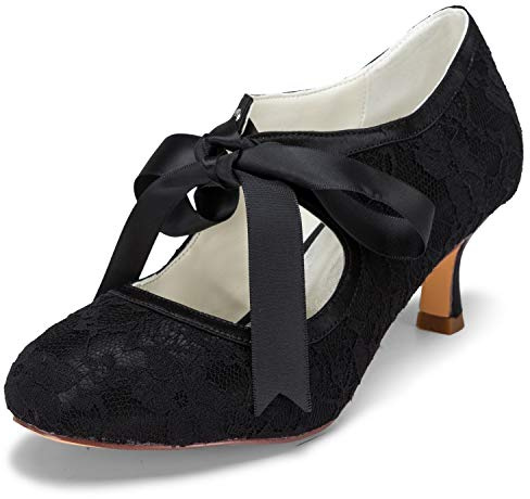 JIAJIA 140311 Bridal Lace Satin Low Heel Closed Toe Prom Party Dance Wedding Shoes Color Black,Size 5 UK / 38 EU
