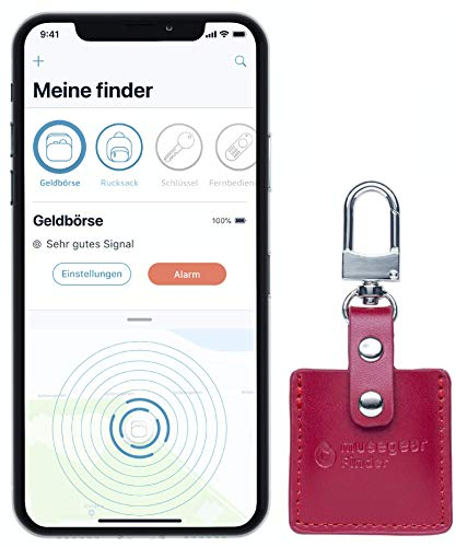 musegear Schlüsselfinder mit Bluetooth App aus Deutschland in Bordeaux roter Leder-Tasche I Finder hellblau I Für iOS & Android I Schlüssel Finden