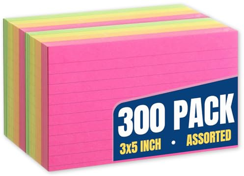 1InTheOffice Ruled Neon Index Cards, Index Cards 3x5 Assorted Neon Color, 300/Pack