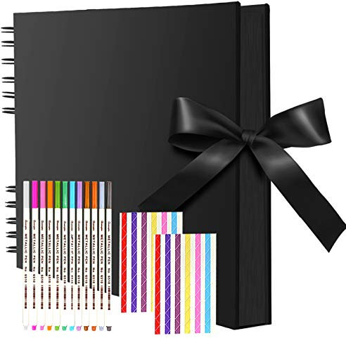 Large Scrapbook, funvce 12x 8 Scrap Book with 80 Pages Black Craft Paper, DIY Photo Album with Pens, Photo Corners for Adults Wedding, Birthday,Baby Shower Gifts Memory Book, Square Kids Guestbook