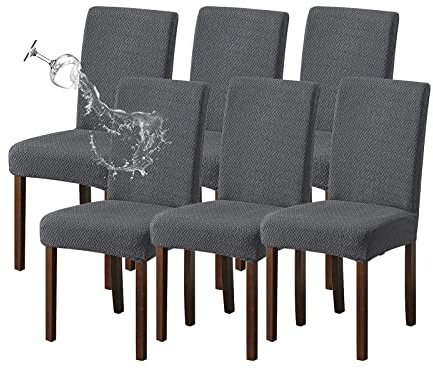 KELUINA Stretch wasserdichte Jacquard mit langem Gitter Esszimmer Stuhlhussen Home Decor, Stuhlhussen für Esszimmerstühle(Grau,6 Stück)