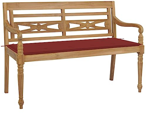 vidaXL Bataviabänk med röd dyna 120 cm massiv teak
