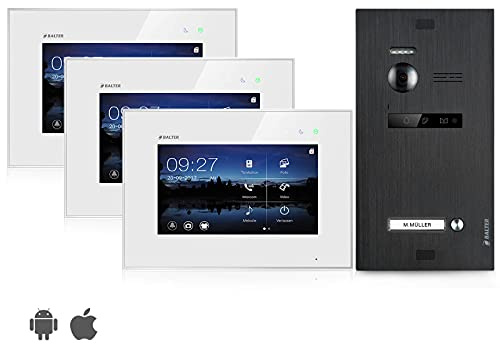 Balter EVO Video Türsprechanlage, Touchscreen, 3X 7 Zoll Monitor, Smartphone App, 2-Draht Bus, Türstation für 1 Familienhaus Türklingel, 150° Weitwinkel-Kamera, Weiß-Schwarz