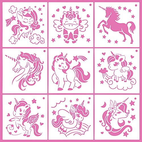 OOTSR 9 x Einhorn-Schablonen, 19 x 19 cm, für Scrapbooking, Zeichnungen, Malvorlagen, Schablonen für das tägliche Basteln, Kunsthandwerk, Notizbuch, Karten, Sammelalbum, Heimdekoration