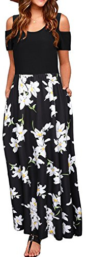STYLEWORD Abito Donna Estivo Lungo Spalla Fredda Estiva Manica Corta Stampa Elegante Floreale Vestito con Tasche, M