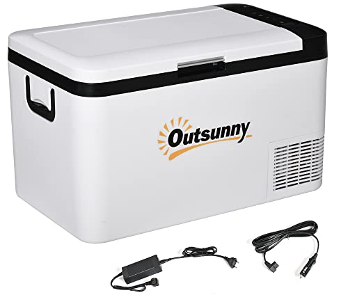 Outsunny Nevera Portátil Eléctrica 25L 12/24V hasta -20℃ Nevera y Congelador de Compresor para Coche con Luz LED y Asas Plegables Bajo Consumo Energético para Hogar Camping 58,5x33,5x35,2 cm Blanco