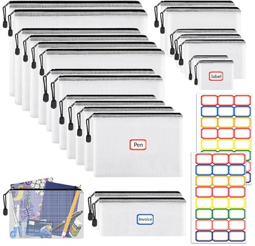 21 Stück Dokumententaschen, Wasserdicht Reißverschluss Dokumententasche mit sticker, Datei Tasche Kunststoff Reißverschlusstasche für Datei, Dokumente, Schule, Papier, Kosmetik (Schwarz, 8 Größen)