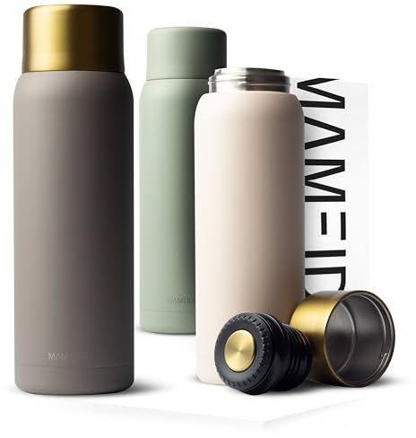 MAMEIDO Thermoskanne mit Becher 1 l aus Edelstahl, Isolierkanne bis zu 12h heiß, auslaufsichere Thermosflaschen BPA frei, Kaffee & Tee unterwegs (Taupe Grey Gold)