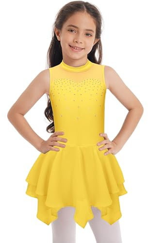 Nyeemya Vestido de Patinaje sobre Hielo para Niñas sin Mangas Maillot Brillante de Baile Leotardos Gimnasia Rítmica con Falda Tul Disfraz de Bailarina Amarillo B 9-10 años
