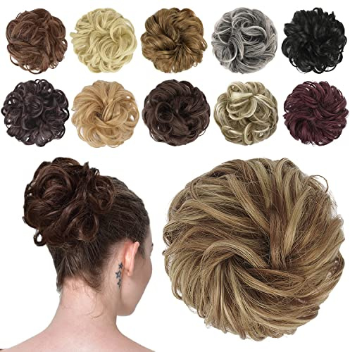 FESHFEN Moños Postizos de Pelo Natural, Coletero Postizo Sintético Postizos de Pelo Rizado Ondulado Extensiones de Cabello Moño de Pelo Desordenado Postizos para Mujer, Castaño y Rubio
