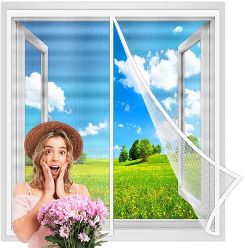 Magnet Fliegengitter Fenster Insektenschutz 175x135 cm, Der Magnetvorhang ist Ideal für die BalkonFenster, KellerFenster und TerrassenFenster, Ohne Bohren für Fenster Weiß Verstärkte