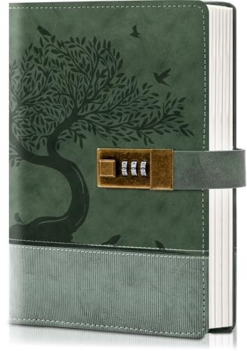MINICAGIE Vintage Diary with Lock for Women Girls 256 Pages Leather Journal with Lock A5 Password Locking Journals for Writing Note Taking Boys Men, 5.9x 8.3 in, Green
