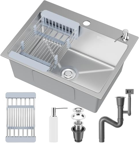 Fregadero Cocina 68 x 45 cm,Fregadero Cocina en Acero Inoxidable,Fregadero Bajo Encimera o Sobre Encimera con Filtro de Drenaje,Sifón e Juego de Desagüe