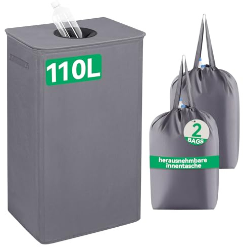 WOWLIVE Pfandflaschen Sammelbehälter,110L Flaschensammler Leergut mit Deckel & 2 Tragetasche,Flaschensammler mit Loch Küche Abstellraum Flaschentasche，Grau