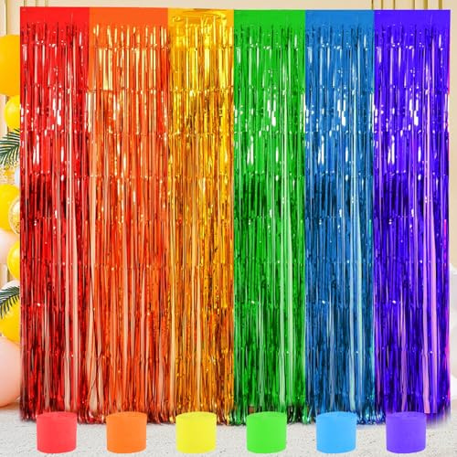 4Stk Lametta Vorhang Regenbogen Glitzer mit 6 Stück Krepppapier Bunt Rollen | Party Glitzervorhang Lametta Metallic Tinsel Hintergrund Fasching Deko fur Hochzeitsdekoration Party Deko