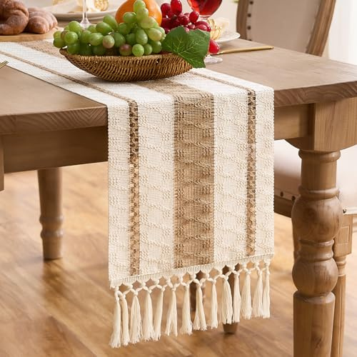 Aisybaklyn Braun Tischläufer Boho Deko Modern Herbst Winter Baumwollleinen Makramee Quaste Moderne Hochzeitsdeko Frühling Table Runner Rustikale Tischdekoration für die Hochzeitsküche 30 x 140 cm