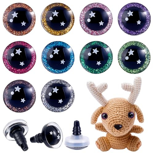 PH PandaHall 100 Stück 20mm 3D Glitzer Sicherheitsaugen 10 Farben Häkelaugen Amigurumi Augen Mit Augenlid Stofftieraugen Für Puppe Bär Teddy Hase