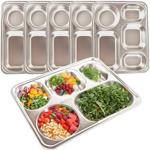 6 Pack 304 Stainless Steel Divided Plates Tray 5 Section Rectangular Dinner Plates Unbreakable Stainless Steel Serving Platter Control Plate for Adults Kids Picky Eaters Campers Portion Control