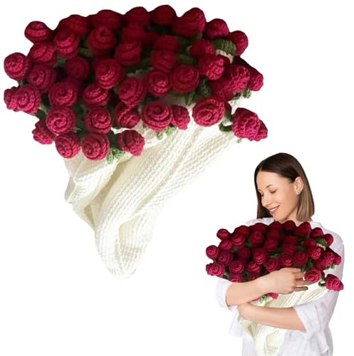 KMLSHLL Fertige Rosenstraußdecke, handgefertigte Häkelblumenstraußdecke, gestrickte Überwurfdecken für Geburtstag Hochzeit Valentinstag Heimdekoration