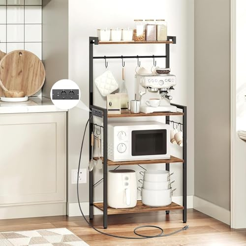 Küchenregal mit Steckdosen, Standregal 4 Ebenen 57 x 45 x 128 cm, Mikrowellen-Regal mit 6 S-Haken, Industriestil Braun/Schwarz, belastbar bis 150 kg, für Mikrowelle, Kaffeemaschine & Gewürze