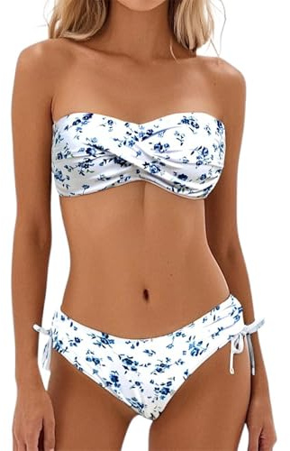 Womens Halterneck Strapless Bikini Sets Bandeau Twist Top Twist Push Up Swimsuit Vintage Floral Print Low Waited Bikini 2 Piece Summer Beach Swimwear Stylish Bathing Suit for Women