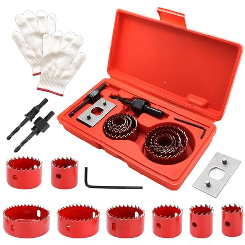 Hole Saw Sets, 11Pcs Holesaw Set, 19-64 mm Hole Cutter with A Pair of Gloves, Storage Box, Holesaws Carbon Steel Downlights Drill Bit Tools for Drilling Soft Metal, Wood, PVC, Plastic