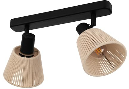 EGLO Deckenlampe 2-flammig Seagard, Deckenstrahler Wohnzimmer | Spot Deckenleuchte aus Stahl in Schwarz, Bast Papier in Naturfarben, Wandstrahler mit E14 Fassung