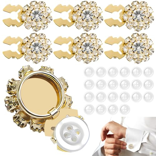 6 fundas para botones con diamantes de imitación y base dorada. Ideales para coser blusas de mujer. Suministros de decoración artesanal brillantes y exquisitos. Ideales para coser y decorar