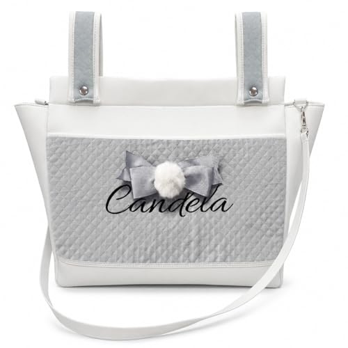 various Bolso Carro Bebé Personalizado con Nombre Bordado, Bolsa Maternidad de Polipiel Gris 42 x 36 x 12 cm, Organizador Pañalera para Carrito, Hospital y Paseo con Asa Larga