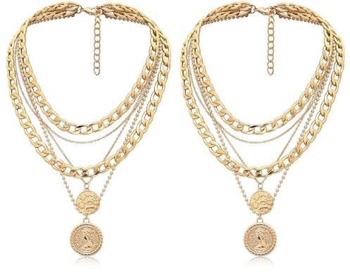 FUIPVGI 2Pcs Gold Necklaces for Women, Layered Necklaces Stack Punk Chunky Chain Necklace Chunky Necklace Round Hip Hop Pendant Boho Layered Circle Choker Necklace for Women Girls